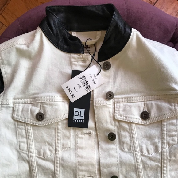 DL1961 White Denim Black Leather Moto Rocky Jacket - Picture 3 of 4